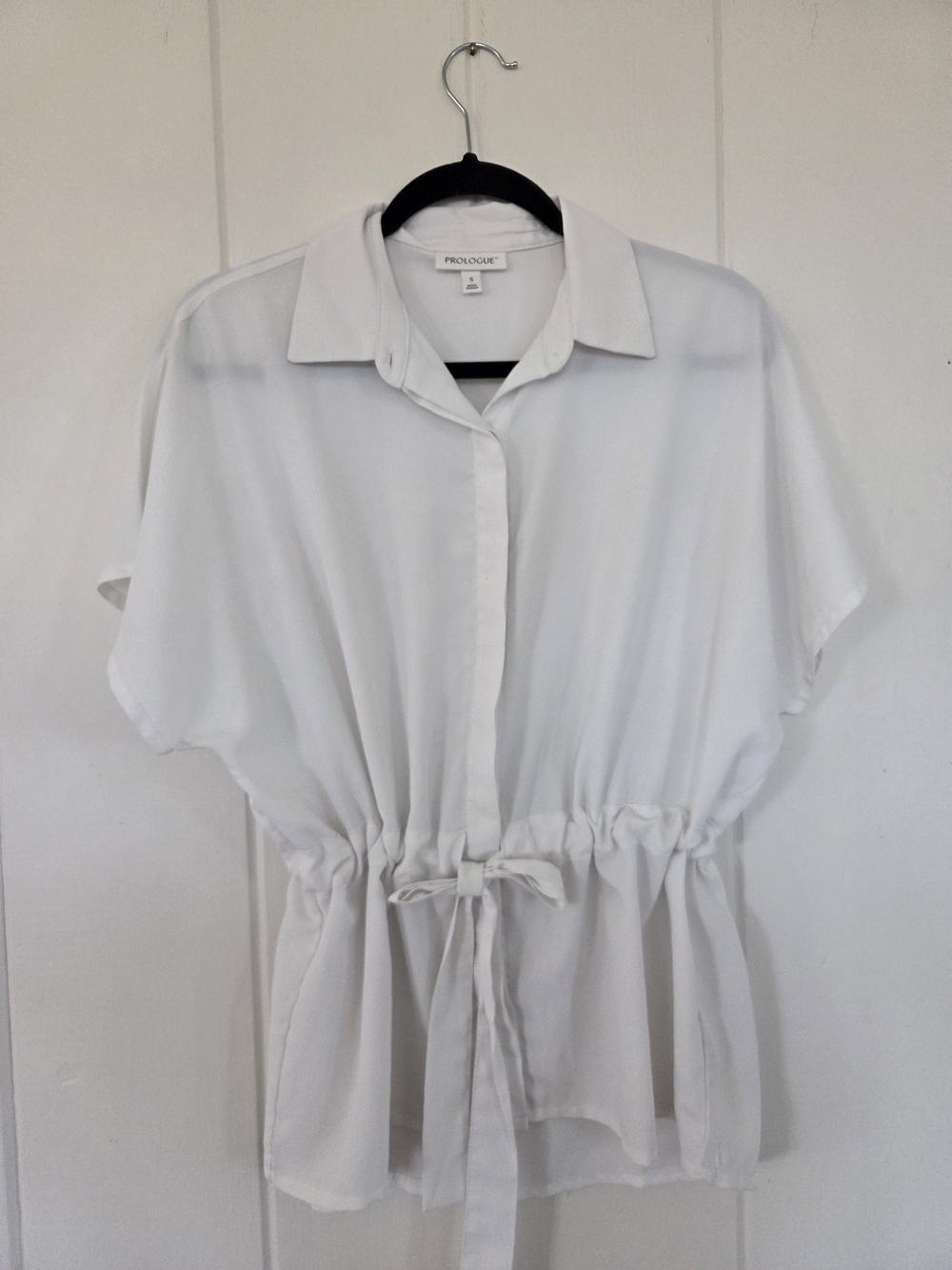 Prologue White Drawstring Waist Button Front Blouse